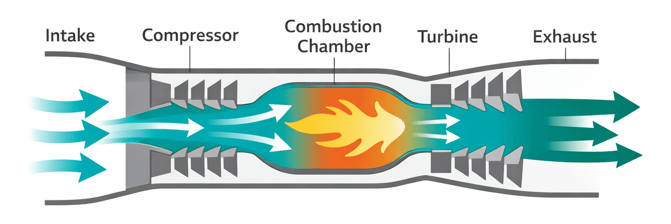 Gas turbine engine diagram showing Brayton cycle stages: intake, compression, combustion, turbine, exhaust