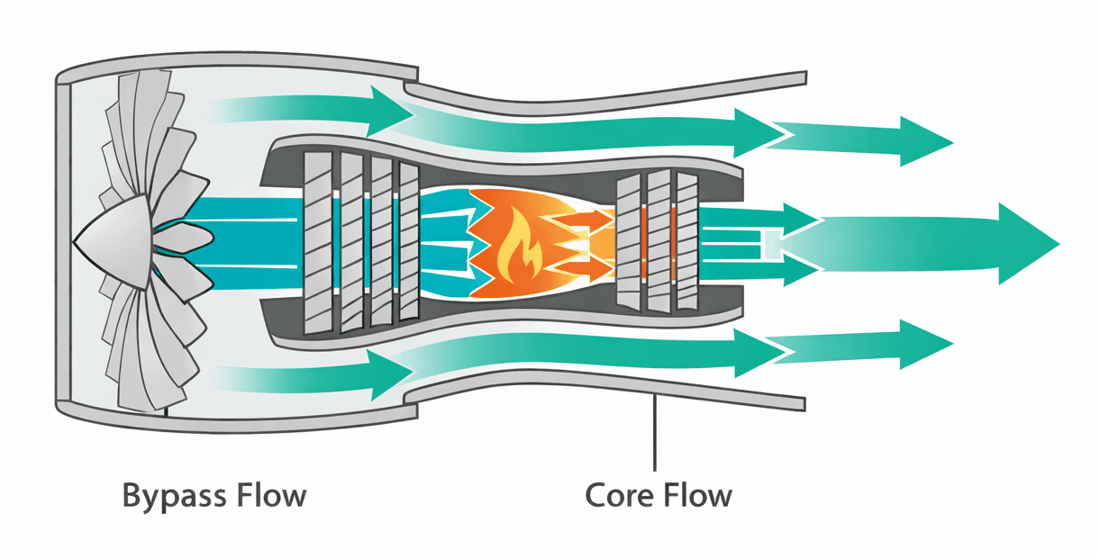 High-bypass turbofan engine diagram showing core airflow and bypass airflow paths
