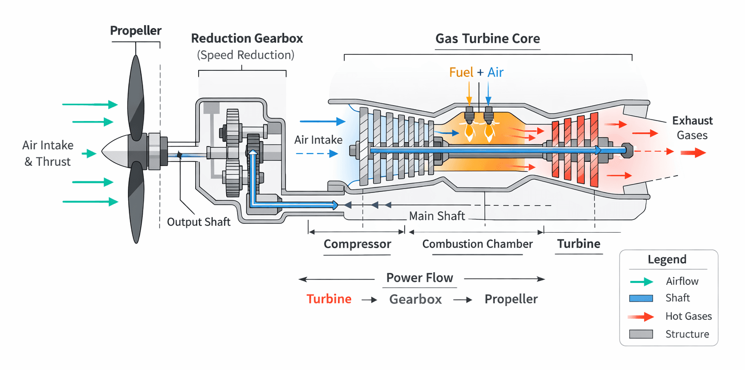 Turboprop engine cross-section diagram showing gas turbine core, reduction gearbox, and propeller
